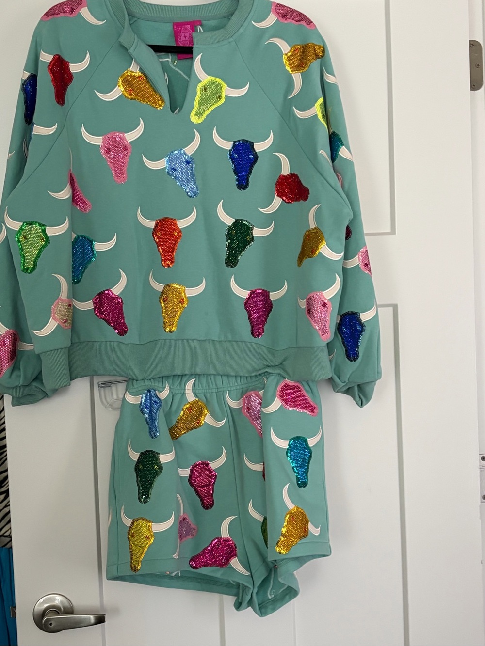 Queen of Sparkles Bull head sweatshirt and shorts. NWOT. TOPS -SMALL SHORTS -XS